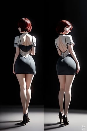 (Front and back view) A standing confidently against a dark background. (Elizabeth from Bioshock) She wears a mini see through dress that showcases her toned legs, paired with opaque black pantyhose that adds a touch of sophistication. Her bright blonde hair is styled neatly, framing her face as she gazes directly at the camera with a hint of mischief in her eyes. Slight false smile