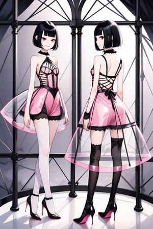 (Front and back photographic view) young woman, blunt bob hair with bangs, high heels, slight smile, mini wave horizon gothic transparent cage pink dress, underwear satin, pale skin