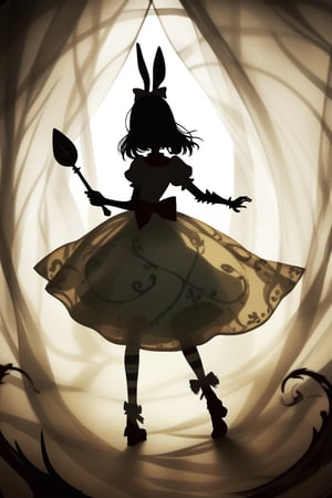 Holding a translucent bed sheet. Silhouette. Alice form Alice madness returns.