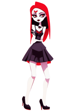 Very detailed eyes. Minidress. Vampire girl. Happy. High heels. Dark style. Pale skin. Front and back orthographic view. Same character and same outfit. High quality 