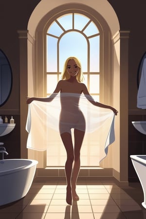 Holding a translucent towel, bathroom. Smile.Thighgap. Frontal view. Lux from league of legends,see-through_silhouette