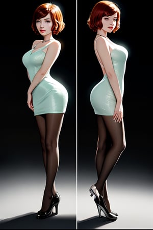 ((Front and back orthographic view)) A standing confidently against a dark background. (Elizabeth from Bioshock) She wears a mini prom rave see through dress that showcases her toned legs, paired with opaque black pantyhose that adds a touch of sophistication. Her bright blonde hair is styled neatly, framing her face as she gazes directly at the camera with a hint of mischief in her eyes. Slight false smile