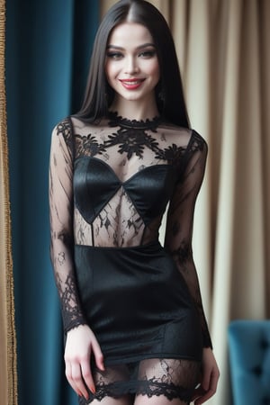 ((Front and back detail view)) (Fashion Lookbook) Stunning. Smiling. Detailed High heels. Skinny body. Long hair with curtains. Wide hips. Color eyelashes. Happy. Black seethrough lace rave tight dress. Standing. Pale skin. Black hair,