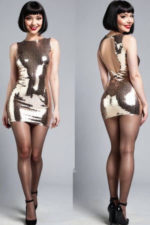 ((Front and back orthographic view)) sequin big tiles minidress. Black Pantyhose. wide hips. Skinny body. Smiling girly. Bob blunt haircut. High heels. Pale skin, creamy skin