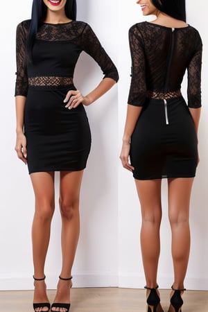 ((Front and back detail view)) (Fashion Lookbook) Stunning. Smiling. Detailed High heels. Skinny body. Long hair with curtains. Wide hips. Color eyelashes. Happy. Black seethrough lace rave tight dress. Standing. Pale skin. Black hair,photorealistic,lifting shirt