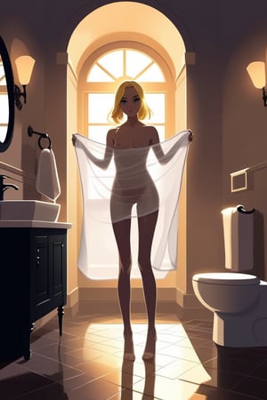 Holding a translucent towel, bathroom. Wide thighgap. Frontal view. Lux from league of legends,see-through_silhouette