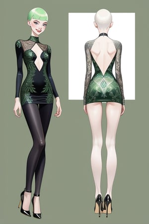 ((Front and back detail view)) Finnish girl. (Fashion Lookbook) Stunning. Smiling. Detailed High heels. Skinny body. Long hair with bangs. Wide hips. Color eyelashes. Happy. Carbon and diamond mini tight dress. Standing. Pale skin. Light green hair