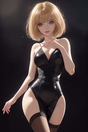 A close-up shot of a blunt bob dark haired girl standing confidently against a dark background. She wears a polkadot mini dress that showcases her toned legs, paired with opaque black pantyhose that adds a touch of sophistication. Her bright blonde hair is styled neatly, framing her face as she gazes directly at the camera with a hint of mischief in her eyes.