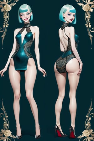 ((Front and back detail view)) Finnish girl. (Fashion Lookbook) Stunning. Smiling. Detailed High heels. Skinny body. Long hair with bangs. Wide hips. Color eyelashes. Happy. Carbon and diamond mini tight dress. Standing. Pale skin. Blue teal hair
