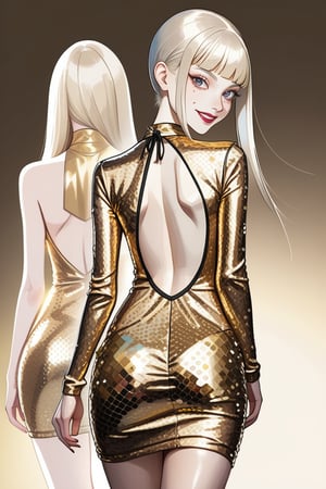 ((Front and back detail view)) Finnish girl. (Fashion Lookbook) Stunning. Smiling. Detailed High heels. Skinny body. Long hair with bangs. Wide hips. Color eyelashes. Happy. golden Carbon and diamond sequin mini tight dress. Standing. Pale skin.