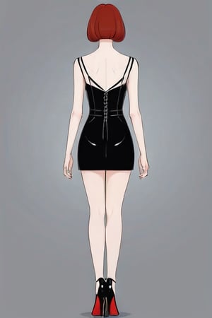 ((Front and back orthographic view)) silhouette visible (sheer gothic dress). Freckles. Redhead blunt bob haircut with straight curtains. Skinny Body. Wide hips. Light smile. Pale creamy skin. High heels. Bending knee