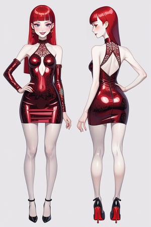 ((Front and back detail view)) Finnish girl. (Fashion Lookbook) Stunning. Smiling. Detailed High heels. Skinny body. Long hair with bangs. Wide hips. Happy. mini tight shinny dress. Standing. Pale skin. Purple Red highlights hair. Detailed eyes