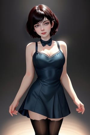 A close-up shot of a standing confidently against a dark background. (Elizabeth from Bioshock) She wears a mini see through dress that showcases her toned legs, paired with opaque black pantyhose that adds a touch of sophistication. Her bright blonde hair is styled neatly, framing her face as she gazes directly at the camera with a hint of mischief in her eyes. Slight false smile