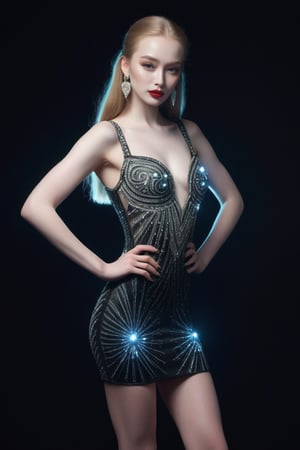 A stunning model stands confidently in a dark, black background, her pale skin glowing softly. Her long, curly hair cascades down her back with bangs framing her heart-shaped face, and her bright, color eyelashes sparkle. She wears a phosphorescent mini dress made of carbon and diamonds, accentuating her slender figure and wide hips. High heels add a touch of glamour as she stands in a detailed view from both front and back, showcasing the intricate design on her shoes. Her happy expression radiates warmth, drawing attention to the overall stunning fashion lookbook moment.