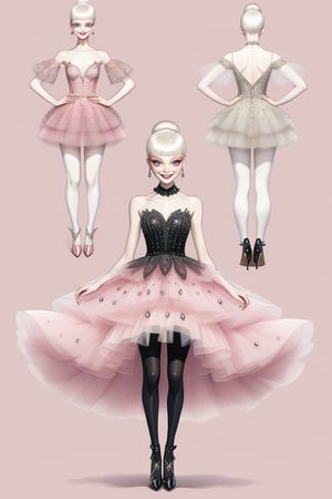 ((Front and back detail view)) Finnish girl. (Fashion Lookbook) Stunning. Smiling. Detailed High heels. Skinny body. Long hair with bangs. Wide hips. Eye shadows. Happy. Pink pearl and diamond layered tulle mini tight dress. Standing. Pale skin.