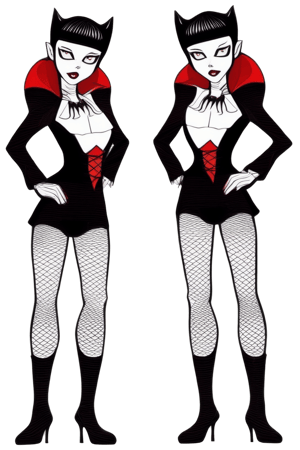 Very detailed eyes. Minidress. Vampire girl. Happy. High heels. Dark style. Pale skin. Front and back orthographic view. Same character and same outfit. High quality 