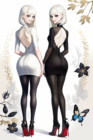 ((Front and back detail view)) Finnish girl. (Fashion Lookbook) Stunning. Smiling. Detailed High heels. Skinny body. Long hair with bangs. Wide hips. Eye shadows. Happy. White mini tight dress. Standing. Pale skin. Black pantyhose