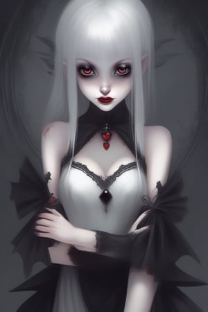 Very detailed eyes. Minidress. Vampire girl. Happy. High heels. Dark style. Pale skin