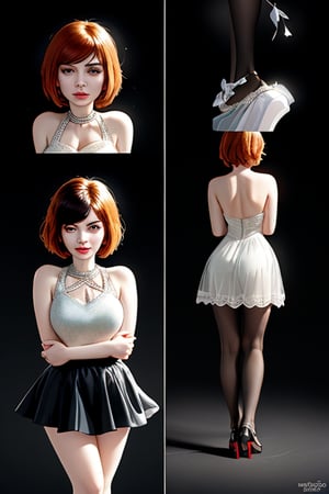 ((Front and back orthographic view)) A standing confidently against a dark background. (Elizabeth from Bioshock) She wears a mini prom rave see through dress that showcases her toned legs, paired with opaque black pantyhose that adds a touch of sophistication. Her bright blonde hair is styled neatly, framing her face as she gazes directly at the camera with a hint of mischief in her eyes. Slight false smile