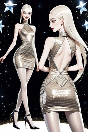 ((Front and back detail view)) Finnish girl. (Fashion Lookbook) Stunning. Smiling. Detailed High heels. Skinny body. Long hair with bangs. Wide hips. Color eyelashes. Happy. Carbon and diamond sequin layered mini tight dress. Standing. Pale skin.