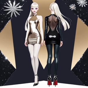 ((Front and back detail view)) Finnish girl. (Fashion Lookbook) Stunning. Smiling. Detailed High heels. Skinny body. Long hair with bangs. Wide hips. Color eyelashes. Happy. Carbon and diamond sequin mini tight dress. Standing. Pale skin.