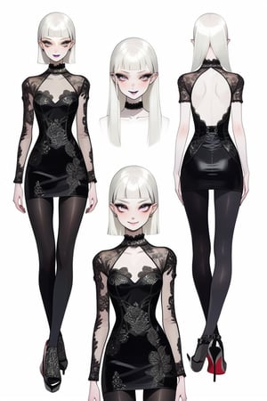 ((Front and back detail view)) Finnish girl. (Fashion Lookbook) Stunning. Smiling. Detailed High heels. Skinny body. Long hair with bangs. Wide hips. Eye shadows. Happy. White mini tight transparente see through dress. Standing. Pale skin. Black pantyhose. Cute face