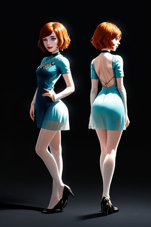 A close-up shot of a standing confidently against a dark background. ((Front and back orthographic view))(Elizabeth from Bioshock) She wears a mini see through dress that showcases her toned legs, paired with opaque black pantyhose that adds a touch of sophistication. Her bright blonde hair is styled neatly, framing her face as she gazes directly at the camera with a hint of mischief in her eyes. Slight false smile