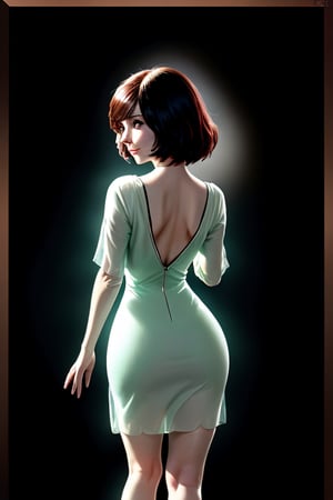 (Front and back view) A standing confidently against a dark background. (Elizabeth from Bioshock) She wears a mini see through dress that showcases her toned legs, paired with opaque black pantyhose that adds a touch of sophistication. Her bright blonde hair is styled neatly, framing her face as she gazes directly at the camera with a hint of mischief in her eyes. Slight false smile