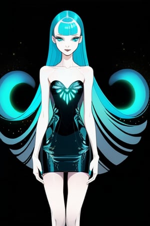 ((Front and back detail view)) Finnish girl. (Fashion Lookbook) Stunning. Smiling. Detailed High heels. Skinny body. Long hair with bangs. Wide hips. Color eyelashes. Happy. Carbon and diamond mini tight dress. Standing. Pale skin. Blue teal hair. Black background. Glowing phosphorescent hair and clothes. Dark.