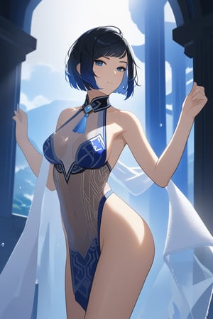 Yelan from genshin impact,holding a extended towel in front of her,masterpiece,best quality, transparent towel, see through silhouette. Thighgap,yelanv11