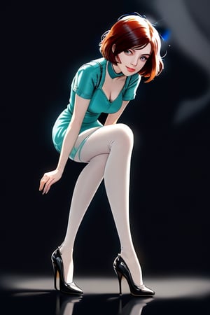 A close-up shot of a standing confidently against a dark background. (Elizabeth from Bioshock) She wears a mini see dress that showcases her toned legs, paired with opaque black pantyhose that adds a touch of sophistication. Her bright blonde hair is styled neatly, framing her face as she gazes directly at the camera with a hint of mischief in her eyes. Slight smile, high heels