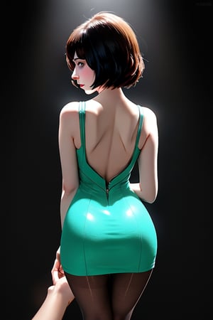 (Front and back orthographic view) A standing confidently against a dark background. (Elizabeth from Bioshock) She wears a mini see through dress that showcases her toned legs, paired with opaque black pantyhose that adds a touch of sophistication. Her bright blonde hair is styled neatly, framing her face as she gazes directly at the camera with a hint of mischief in her eyes. Slight false smile