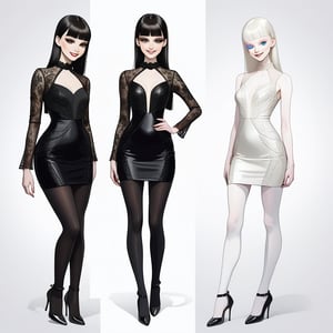 ((Front and back detail view)) Finnish girl. (Fashion Lookbook) Stunning. Smiling. Detailed High heels. Skinny body. Long hair with bangs. Wide hips. Eye shadows. Happy. White mini tight dress. Standing. Pale skin. Black pantyhose