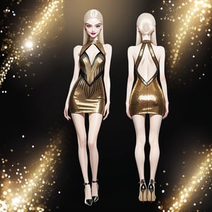 ((Front and back detail view)) Finnish girl. (Fashion Lookbook) Stunning. Smiling. Detailed High heels. Skinny body. Long hair with bangs. Wide hips. Color eyelashes. Happy. golden Carbon and diamond sequin mini tight dress. Standing. Pale skin.