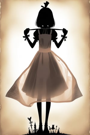Holding up a translucent towel, Silhouette visible. Frontal view. Alice form Alice madness returns. 