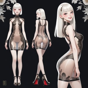 ((Front and back detail view)) Finnish girl. (Fashion Lookbook) Stunning. Smiling. Detailed High heels. Skinny body. Red and black Long hair with bangs. Wide hips. Happy. mini tight transparente see through dress. Standing. Pale skin.