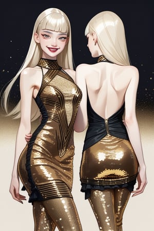 ((Front and back detail view)) Finnish girl. (Fashion Lookbook) Stunning. Smiling. Detailed High heels. Skinny body. Long hair with bangs. Wide hips. Color eyelashes. Happy. golden Carbon and diamond sequin mini tight dress. Standing. Pale skin.