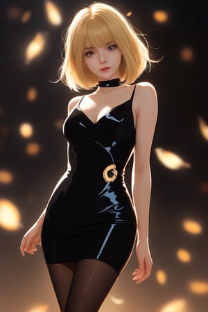 A close-up shot of a blunt bob dark haired girl standing confidently against a dark background. She wears a sleek mini polkadot dress that showcases her toned legs, paired with opaque black pantyhose that adds a touch of sophistication. Her bright blonde hair is styled neatly, framing her face as she gazes directly at the camera with a hint of mischief in her eyes.