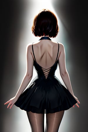 (Front and back orthographic view) A standing confidently against a dark background. (Elizabeth from Bioshock) She wears a mini prom rave see through dress that showcases her toned legs, paired with opaque black pantyhose that adds a touch of sophistication. Her bright blonde hair is styled neatly, framing her face as she gazes directly at the camera with a hint of mischief in her eyes. Slight false smile