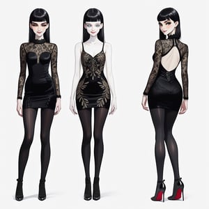 ((Front and back detail view)) Finnish girl. (Fashion Lookbook) Stunning. Smiling. Detailed High heels. Skinny body. Long hair with bangs. Wide hips. Eye shadows. Happy. White mini tight dress. Standing. Pale skin. Black pantyhose