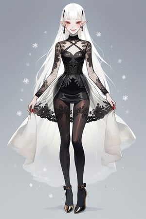 ((Front and back detail view)) Finnish girl. (Fashion Lookbook) Stunning. Smiling. Detailed High heels. Skinny body. Long hair with bangs. Wide hips. Eye shadows. Happy. Light red mini tight transparente see through dress. Standing. Pale skin. Black pantyhose. Cute face