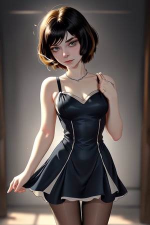 A close-up shot of a standing confidently against a dark background. (Elizabeth from Bioshock) She wears a mini see through dress that showcases her toned legs, paired with opaque black pantyhose that adds a touch of sophistication. Her bright blonde hair is styled neatly, framing her face as she gazes directly at the camera with a hint of mischief in her eyes. Slight false smile