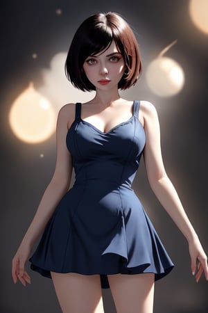 A close-up shot of a standing confidently against a dark background. (Elizabeth from Bioshock) She wears a mini see through dress that showcases her toned legs, paired with opaque black pantyhose that adds a touch of sophistication. Her bright blonde hair is styled neatly, framing her face as she gazes directly at the camera with a hint of mischief in her eyes. Slight false smile