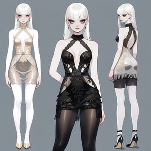 ((Front and back detail view)) Finnish girl. (Fashion Lookbook) Stunning. Smiling. Detailed High heels. Skinny body. Long hair with bangs. Wide hips. Eye shadows. Happy. White mini tight transparente see through dress. Standing. Pale skin. Black pantyhose