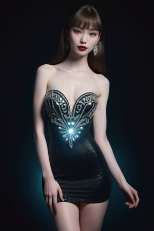 A stunning model stands confidently in a dark, black background, her pale skin glowing softly. Her long, curly hair cascades down her back with bangs framing her heart-shaped face, and her bright, color eyelashes sparkle. She wears a phosphorescent mini dress made of carbon and diamonds, accentuating her slender figure and wide hips. High heels add a touch of glamour as she stands in a detailed view from both front and back, showcasing the intricate design on her shoes. Her happy expression radiates warmth, drawing attention to the overall stunning fashion lookbook moment.