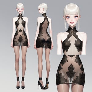 ((Front and back detail view)) Finnish girl. (Fashion Lookbook) Stunning. Smiling. Detailed High heels. Skinny body. Red and black Long hair with bangs. Wide hips. Happy. mini tight transparente see through dress. Standing. Pale skin.