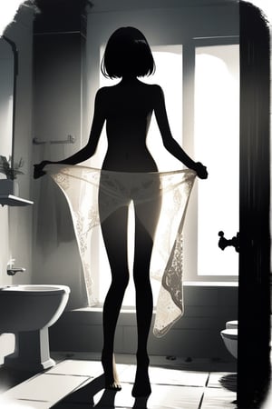 Holding a towel, almost visible body. Frontal view. 2A_Nier Automata. bathroom,see-through_silhouette.