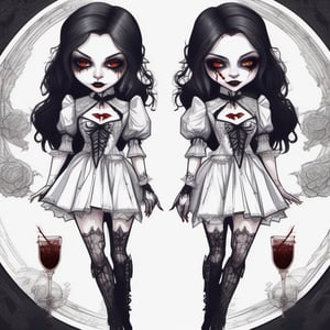 Very detailed eyes. Minidress. Vampire girl. Happy. High heels. Dark style. Pale skin. Front and back orthographic view. Same character and same outfit. High quality. Dark romanticism