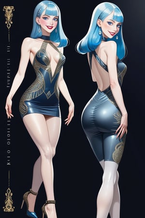 ((Front and back detail view)) Finnish girl. (Fashion Lookbook) Stunning. Smiling. Detailed High heels. Skinny body. Long hair with bangs. Wide hips. Color eyelashes. Happy. Carbon and diamond mini tight dress. Standing. Pale skin. Blue hair