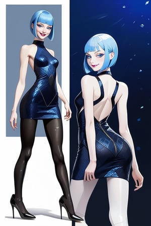 ((Front and back detail view)) Finnish girl. (Fashion Lookbook) Stunning. Smiling. Detailed High heels. Skinny body. Long hair with bangs. Wide hips. Color eyelashes. Happy. Carbon and diamond mini tight dress. Standing. Pale skin. Blue hair